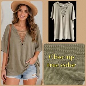 BKE Buckle Lace Up Waffle Knit Top Womens 2XL Plus Olive Festival Boho Earthy